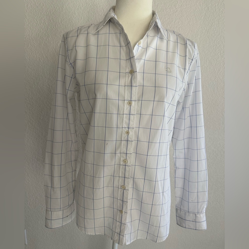 Ralph Lauren White and Blue Checkered Button Down Shirt